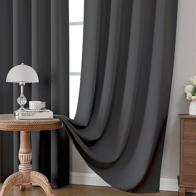 CUCRAF Dark Grey Blackout Curtains 108 inch Length 2 Panels Set, Rod Pocket Room Darkening Drapes for Bedroom Living Room, Insulated Thermal Light Blocking Window Curtain (W52 x L108 Inch)
