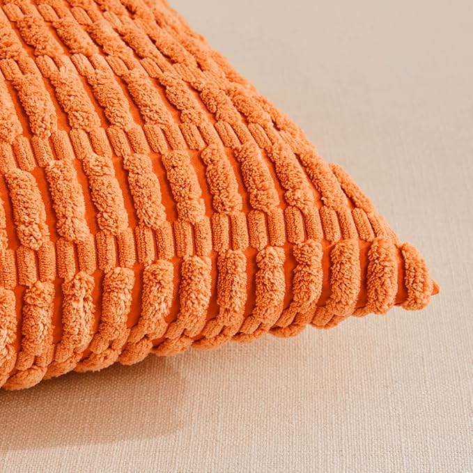Fancy Homi 4 Packs Orange Fall Decorative Throw Pillow Covers 24x24 Inch for Couch Living Room Bed Sofa, Halloween Pumpkin Autumn Home Decor, Soft Cute Plush Corduroy Striped Cushion Case 60x60 CM