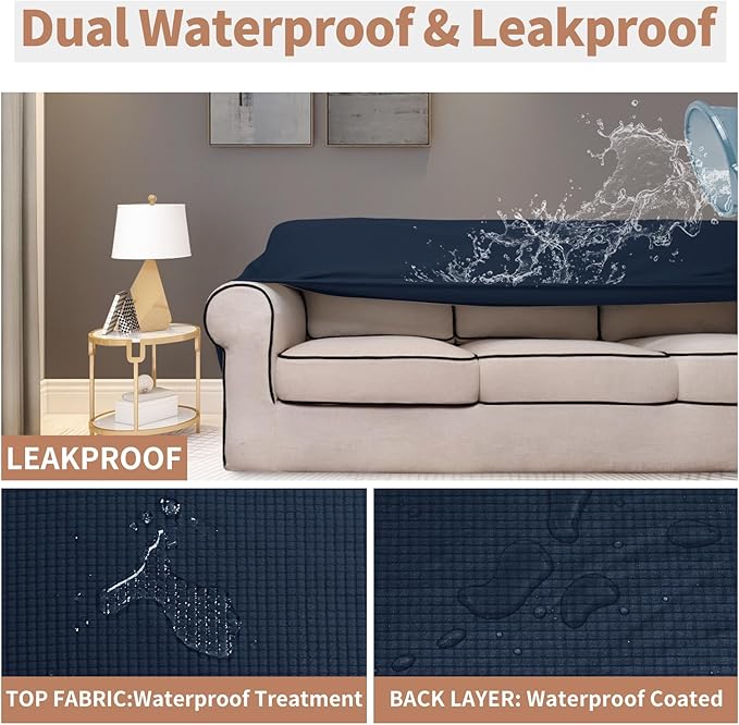 Easy-Going 100% Waterproof Oversized Loveseat Couch Cover, Dual Waterproof Sofa Cover, Stretch Jacquard Sofa Slipcover, Leakproof Furniture Protector for Kids, Pets, Dog and Cat, Dark Blue