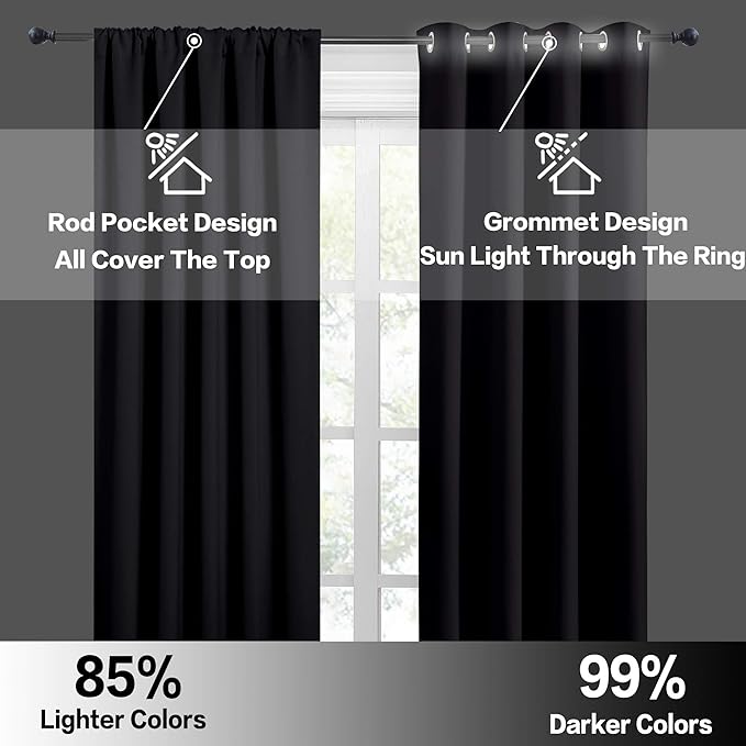 RYB HOME Bedroom Blackout Curtains - Black Curtains Solar Light Block Insulated Drapes Energy Saving for Bedroom Dining Living Room, 42 x 45 inches Long, Black, Set of 2 (Pack of 2)