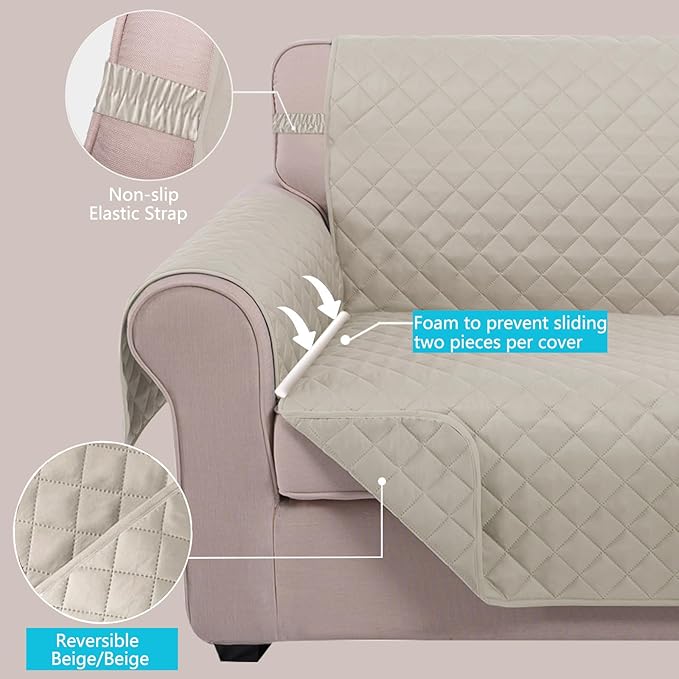 U-NICE HOME Reversible Sofa Cover Couch Cover for Dogs with Elastic Straps Water Resistant Furniture Protector for Pets Couch Cover for 3 Cushion Couch (Sofa, Beige/Beige)