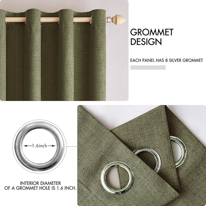 MIULEE Linen Texture Curtains for Bedroom Solid 100% Blackout Thermal Insulated Light Olive Green Curtains Grommet Room Darkening Drapes for Living Room Nursery 52x45 Inch (2 Panels)