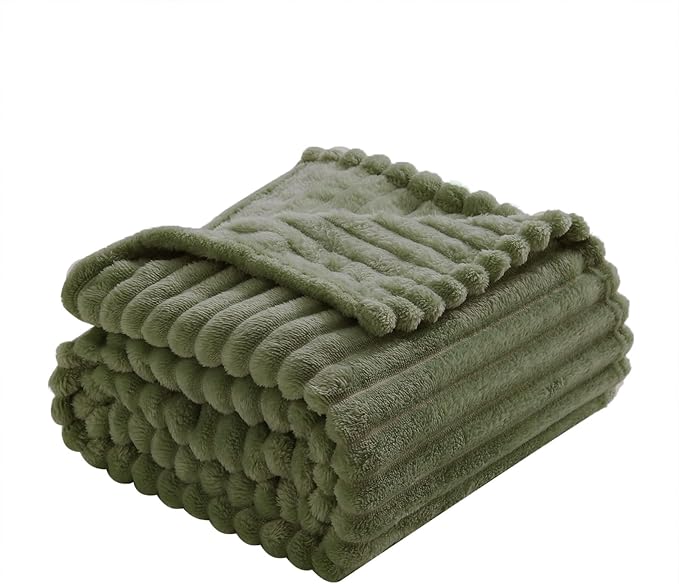 Olive Green Fleece Throw Blanket 60”×80” for Couch Sofa Bed,Super Soft Cozy Plush Microfiber Flannel Blanket with Stripes Design Lightweight for Adults,Woman,Girls