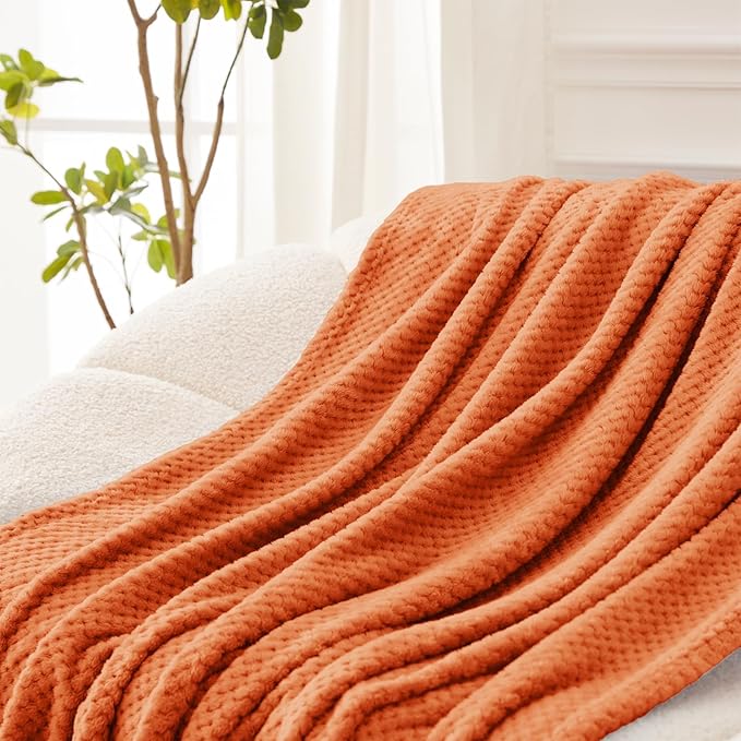 Exclusivo Mezcla Fleece Bed Blanket Twin Size, Super Soft and Warm Blankets for Couch, Sofa and Bed Waffle Textured, Cozy, Fuzzy and Lightweight (Burnt Orange, 60x80 Inches)