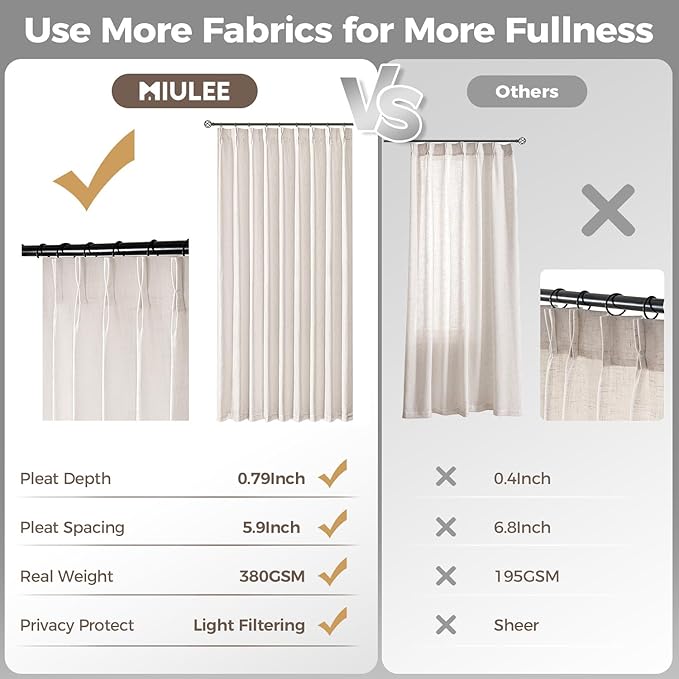 MIULEE Pinch Pleated Thick Linen Curtains 105 Inches Long 2 Panels for Living Room Bedroom, Pinch Pleat Drapes Back Tab Light Filtering Floor to Ceiling Semi Sheer Natural Farmhouse Window Curtains