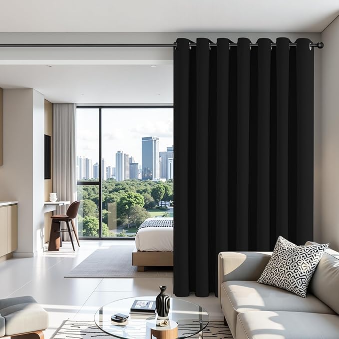 Joydeco Blackout Patio Sliding Door Curtains 90 Inches Long, Grommet Privacy Room Divider Curtains, Extra Wide Thermal Blackout Drapes for Bedroom Living Room (Black, 100Wx90L, 1 Panel)