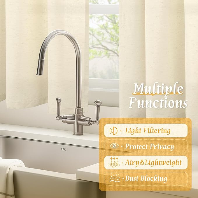LAMIT 48 Inch Short Window Linen Curtains, Light Beige Soft Thick Light Filtering Panels Rod Pocket Neutral Privacy Faux Linen Drapes for Bedroom/Bathroom/Loft Room, 2 Panels, 42 x 48 Inch