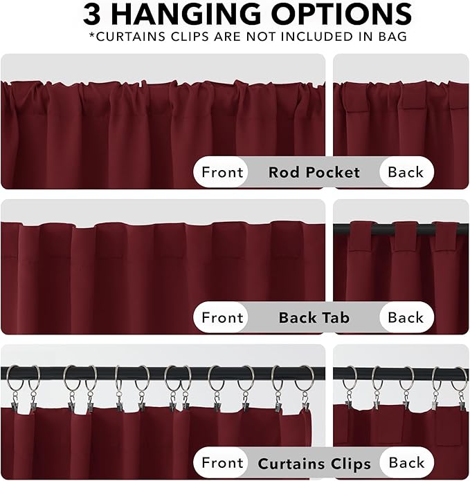Deconovo Solid Rod Pocket and Back Tab Curtains Thermal Insulated Christmas Curtains Blackout Curtains for Living Room 52Wx84L Inch Burgundy Red Set of 2