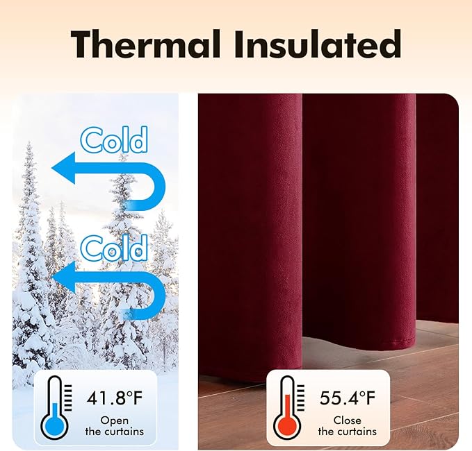 MIULEE Christmas Burgundy Velvet Curtains Solid Soft Red Blackout Curtains Grommet Thermal Soundproof Room Darkening Long Black Out Drapes for Living Room Bedroom 52 x 96 Inch Length 2 Panels