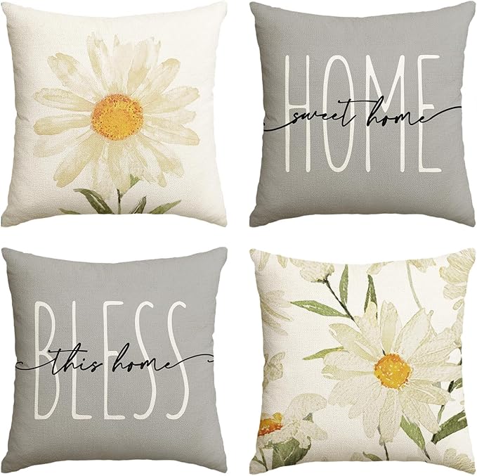 AVOIN colorlife Home Sweet Home Spring Summer Flowers Throw Pillow Covers, 16 x 16 Inch Grey Cushion Case for Sofa Couch Set of 4