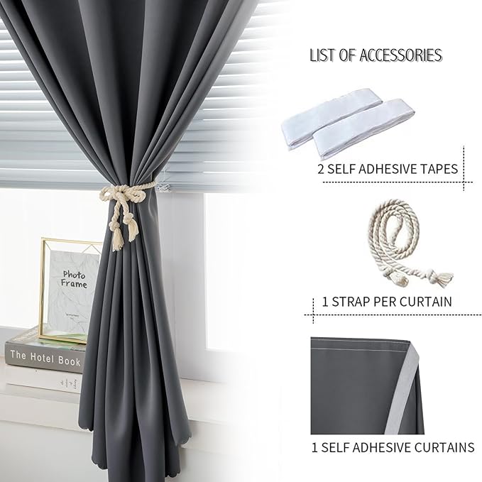 Magic Tape Blackout Curtains for Bedroom No Drillng Self Adhesive Curtains No Rod Small Window, 59" W X 96" L, Grey, 1 Panel