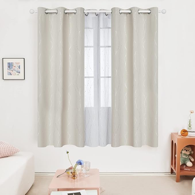 Deconovo Beige Curtains for Living Room, Room Darkening Soundproof Drapes with Wave Dots Silver Print, 38 x 72 Inch Long, Grommet Top, Set of 2 Window Panels for Living Room Bedroom Office Nursery