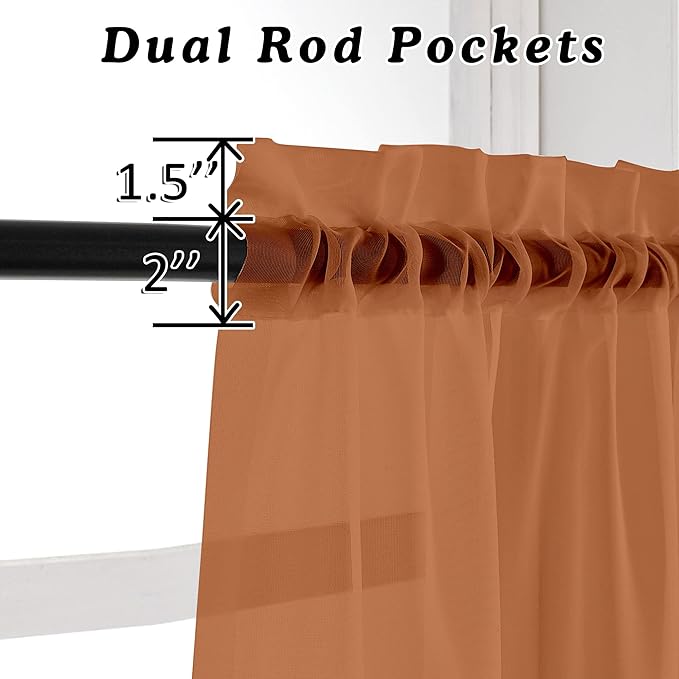 OVZME Orange Sheer Curtains 108 Inches Long, Light Filtering Semi Transparent Lightweight Voile Rod Pocket Window Curtains for Bedroom, Living Room, W42 x L108, Set of 2 Drape Panels