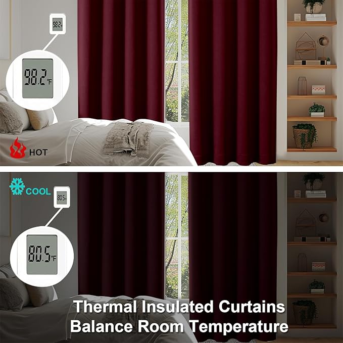 Simplebrand Ava Burgundy Blackout Curtains for Bedroom 90 Inches Long 2 Panels Set, Solid Privacy Energy Saving Living Room Window Treatment Curtains Blackout Drapes, W50 x L90 Inch, Burgundy