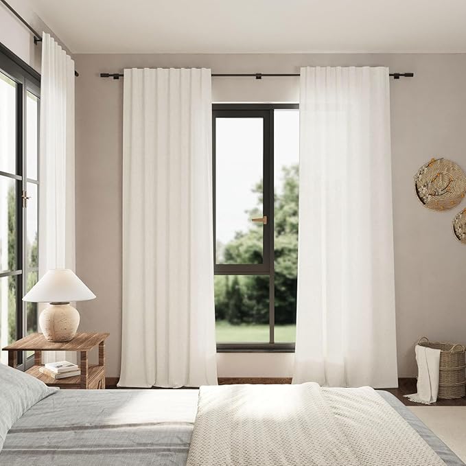 Nanspring Beige White Linen Curtains 96 Inches Long for Living Room Privacy Light Filtering Semi Sheer Curtain Back Tab and Rod Pocket Coastal Decor Drapes for Bedroom Dinner 40 X 96, 2 Panels