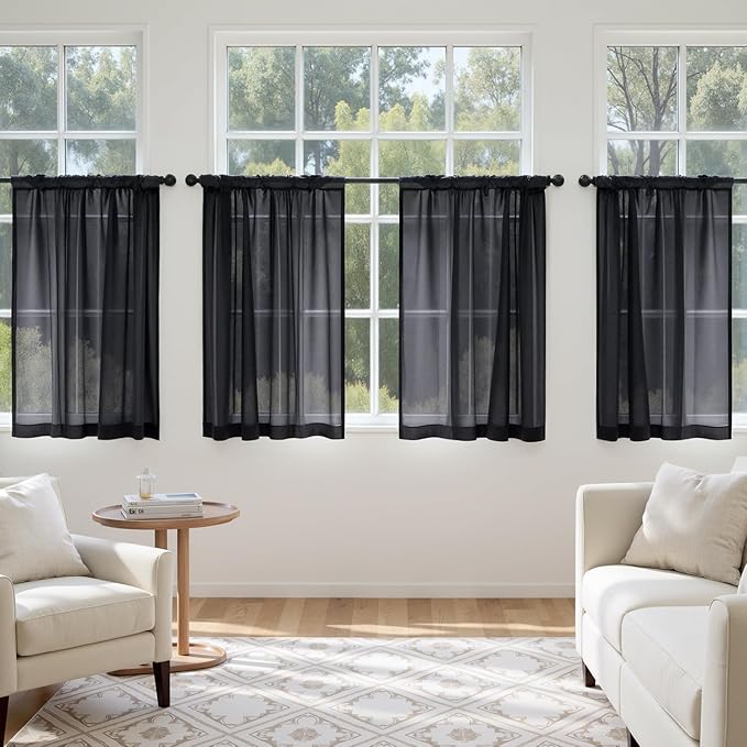 MIULEE Short Sheer Curtains 54 Inches Long, 4 Panels Set, Light Filtering Rod Pocket Curtains for Kitchen/Bathroom Small Windows, 42W x 54 Inches, Black