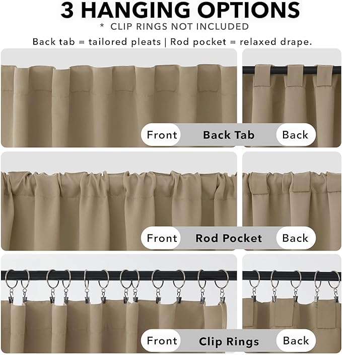 Deconovo Blackout Curtains, Thermal Insulated, W70 x L63 2 Panels, Back Tab, Machine Washable, Room-Darkening Drapes for Bedroom/Living Room Khaki