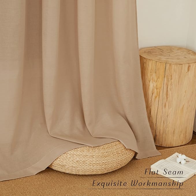 NICETOWN Linen Flax Semi Sheer Curtains 92" Length, Grommet Window Treatments Privacy Added with Light Penetration Vertical Drapes for Loft/Home Office, Camel, W55 x L92, 2 Panels