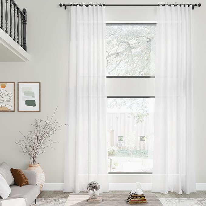 Nanspring White Linen Curtains for Living Room 123 Inches Long Extra Long Back Tab Curtains Farmhouse Semi Sheer Light Filtering Linen Drapes Ceiling to Floor for Large Window 2 Panels Set 52x123