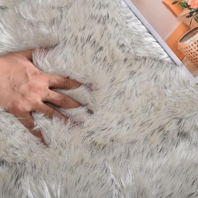 ORINOVA White and Grey Faux Fuzzy Fur Sheepskin Washable Area Rugs for Living Room 2x3 Boho Shag Nursery Rug Cute Home Décor