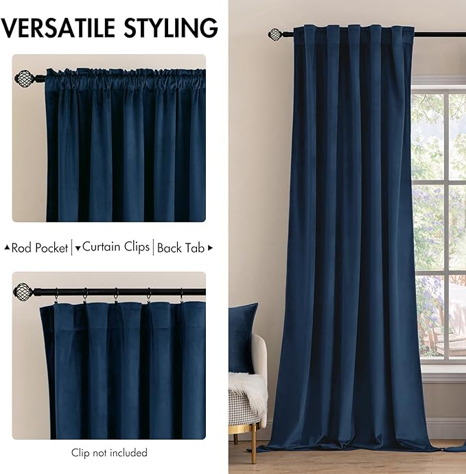 MIULEE Velvet Curtains 108 inches - Luxury Blackout Curtains for Bedroom Living Room Thermal Insulated Super Soft Window Drapes Rod Pocket & Back Tab, Navy Blue, W52 x L108 inches, 2 Panels