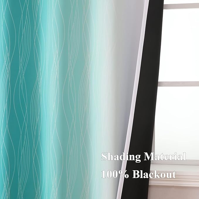 Estelar Textiler Teal and Greyish White Blackout Curtains 54 Inch Length, Light Blocking Gradient Grommet Drapes for Living Room, Thermal Insulated Ombre Curtains for Bathroom,42Wx54L,2 Panels