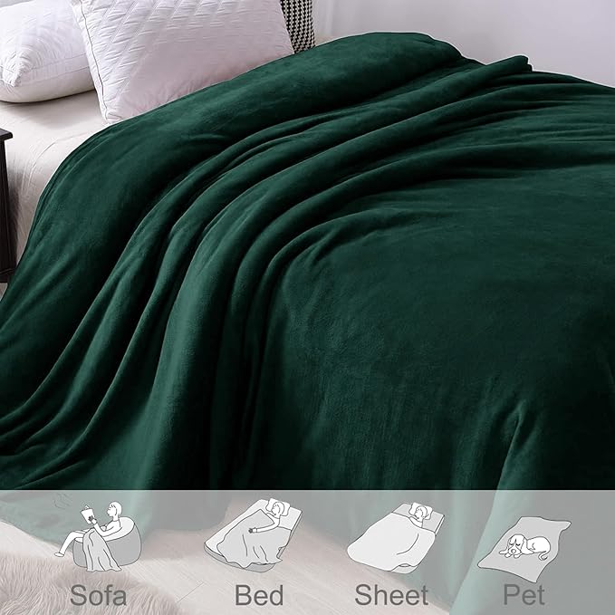 Exclusivo Mezcla Fleece Blankets Queen Size for Bed, Super Soft and Warm, All Season, Cozy, Plush, Lightweight, 90x90 Inches, Forest Green