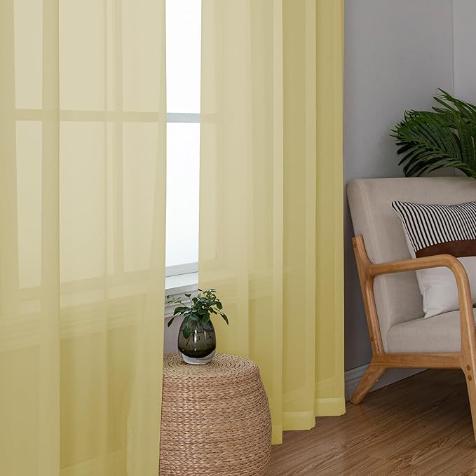 Chyhomenyc Mustard Yellow Sheer Curtains 120 Inches Long - Light Filtering Elegant Voile Extra Long Panel Drapes for Living Room Floor to Ceiling Window, Each 42Wx120L Inch, 10FT, 2 Panels