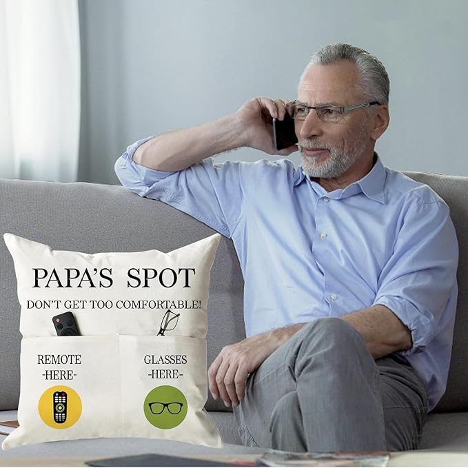 ONFAON Papa Gifts Throw Pillow Case, Papa's Spot Throw Pillow Covers 18 x 18 Inch,Birthday Christmas Thanksgiving Day Gifts for Papa Stepdad 2-Pocket