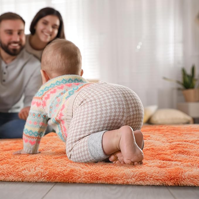 Goideal Fluffy Rug for Bedroom Living Room, 7x10 Orange Area Rugs, Faux Fur Shag Modern Carpet Ultra Soft Girls Boys Room Home Decor, Tie-Dyed