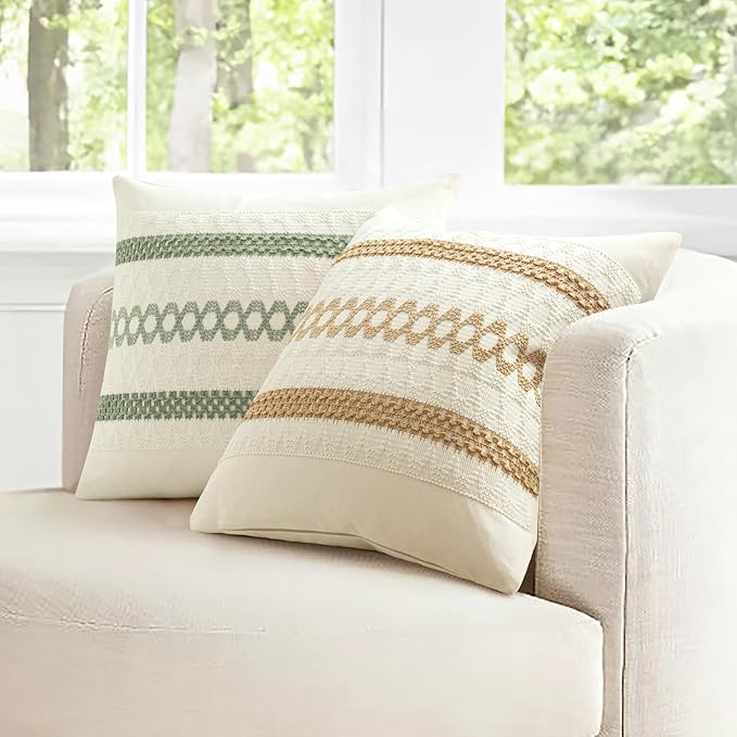 MIULEE Set of 2 Sage Green Boho Decorative Pillow Covers 18x18 Inch Farmhouse Rustic Couch Throw Pillows Modern Summer Cotton Cushion Covers Retro Cute Macrame Woven Spring Decor for Bed Sofa Chair