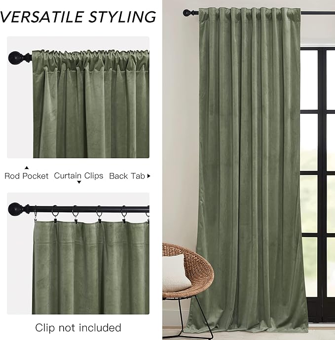 RYB HOME Sage Green Velvet Curtains 90 inches - Heavy Duty Back Tab Decorative Window Drapes Privacy Room Darkening Covering for Living Room Bedroom, 52 inch x 90 inches, 2 Panels Set