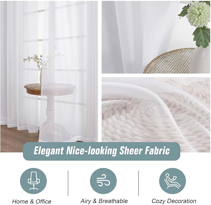 White Sheer Curtains for Windows 108 inches Long 2 Panels Set, Soft Lightweight Light Filtering Drapes for Living Room Bedroom, Dual Rod Pocket Sheer Curtains, 2x42Wx108L inches