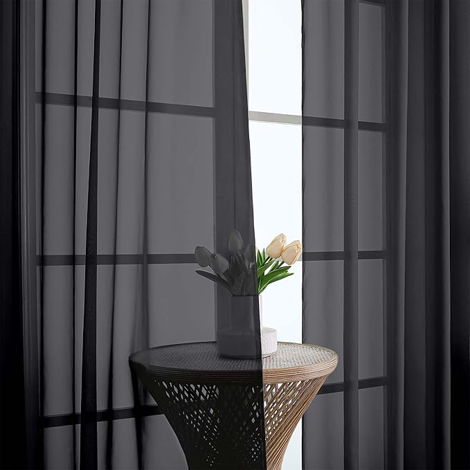 OWENIE Sheer Curtains 84 Inches Long 2 Panels Set, Black Sheer Curtain for Living Room Bedroom, Modern Filmy Rod Pocket Curtains Drapes, 2 Pcs, Each 59 W x 84L, Black