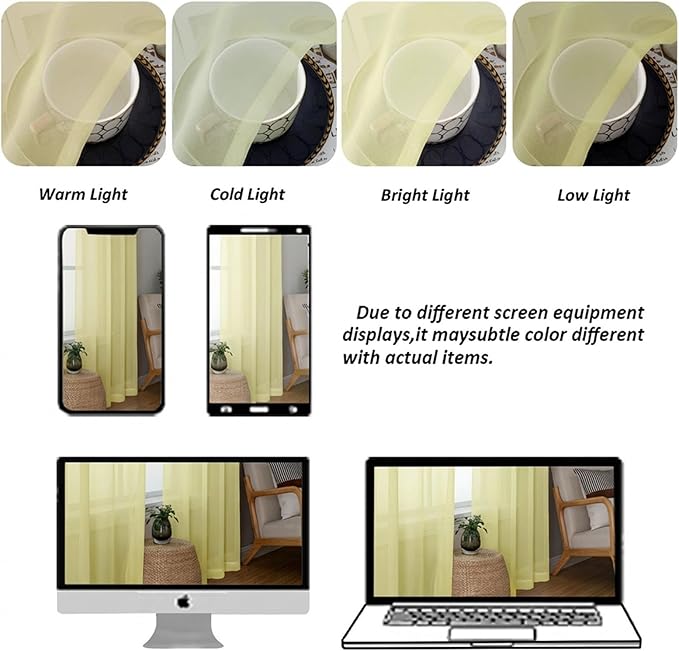 Chyhomenyc Sheer Valances for Windows - Light Filtering Small Window Curtains for Living Room Bathroom Cafe Laundry Basement, Modern Dual Rod Pocket Voile Curtain, 42Wx14L inches, Light Yellow, 2 PCS