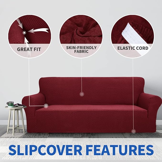 ZNSAYOTX 1 Piece Jacquard Couch Covers for 3 Cushion Couch High Stretch Sofa Cover for Pets Dogs Anti Slip Extra Large Sofa Slipcovers Furniture Protector (XL Sofa, Wine Red)