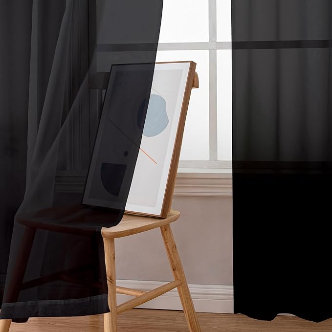 Simplebrand Black Sheer Curtains 84 Inches Long, Light Filtering Rod Pocket Solid Color Window Sheer Curtain Panels, Elegant Curtains & Drapes for Living Room, Bedroom 2 Panels (Black, 59" W x 84" L)