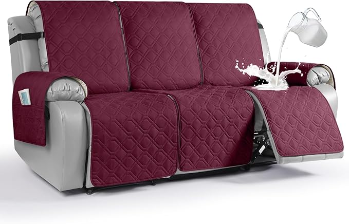 VANSOFY Waterproof Recliner Couch Covers, Sofa Covers 1-Piece Washable Reclining Sofa Cover Non-Slip Furniture Protector with Elastic Straps Pocket for Dogs, Pets(Burgundy,3 Seater)
