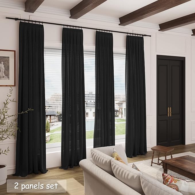 Nanspring Long Black Curtain 100 inches Long 2 Panels Set for Living Room Back Tab Modern Farmhouse Muslin Look Decor Cotton Textured Black Sheer Linen Curtains 100 inch Length for Large Window