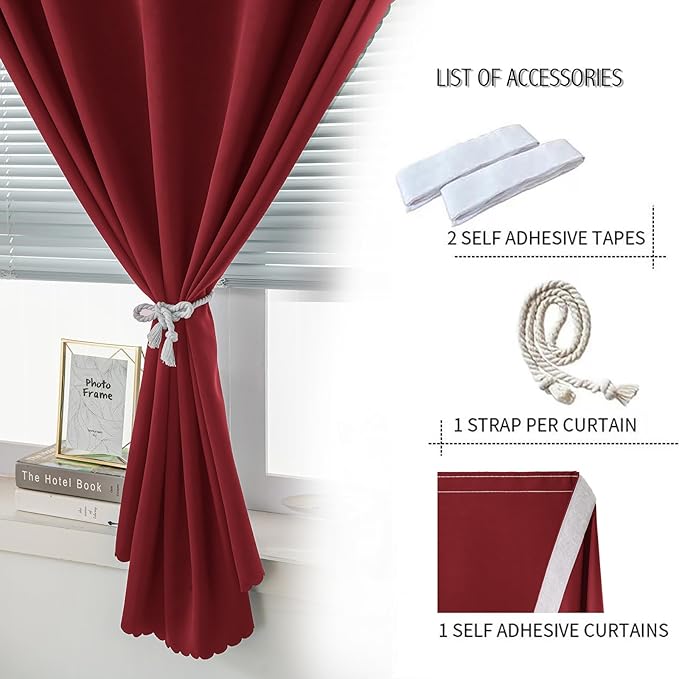 Self Adhesive Curtains, Stick Curtain Blackout Shades Window Cover Curtains for Living Room No Drilling, 47" W X 84" L, Burgundy, 1 Panel