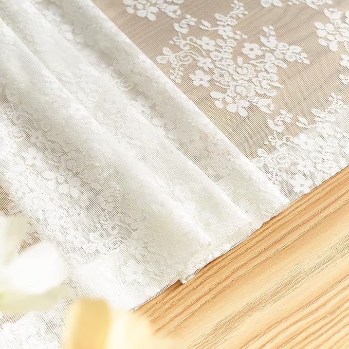 YJ YANJUN Vintage Lace Curtains 54 Inch Length- Victorian Floral Pattern Ivory Short Sheer Curtain Panels for Living Room Bedroom, Country Light Filtering Drapes, Set of 2 52W x 54L Cream