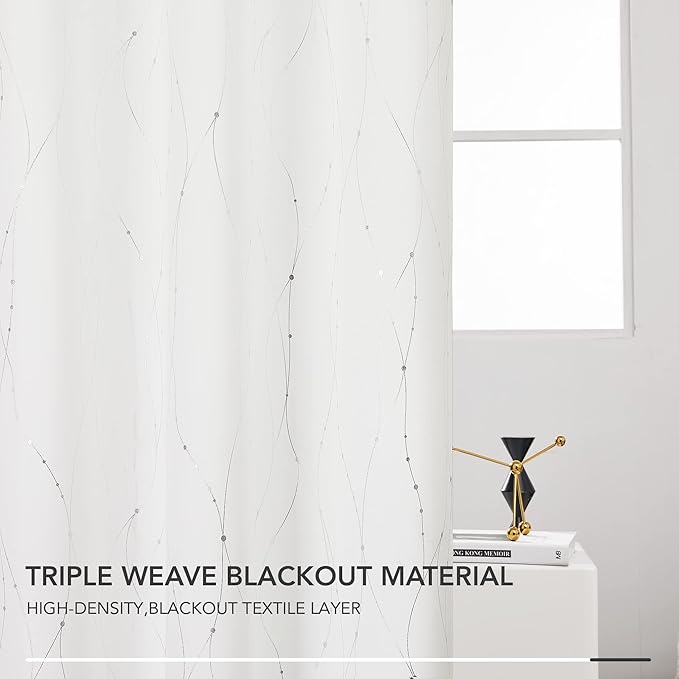 Deconovo Room Darkening Curtains, 38 x 90 Inch Drape for Sliding Door with Wave Dots Silver Print, Soundproof Thermal Insulated Curtain for Bedroom Living Room, Set of 2, Machine Washable, Pure White