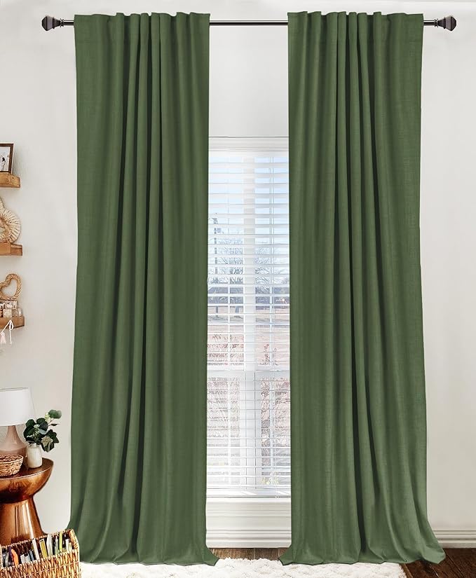 100% Blackout Shield Linen Blackout Curtains for Bedroom 102 Inches Long, Back Tab/Rod Pocket Living Room Drapes, Thermal Insulated Blackout Curtains 2 Panels Set, 50" W x 102" L, Moss Green