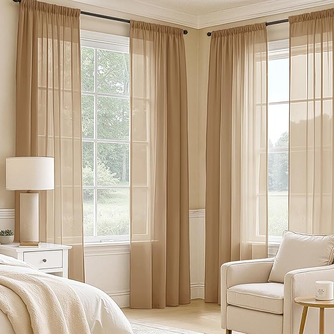 MIULEE Brown Sheer Curtains 90 Inches Long, 4 Panels Set, Rod Pocket Voile Drapes Light Filtering and Semi Transparent, Elegant Window Treatments for Bedroom Living Room,42 x 90 Inches