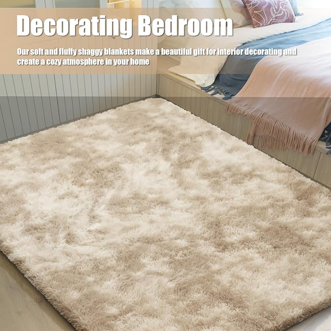 6x9 Fluffy Area Rug for Living Room,Shag Area Rugs for Bedroom,Soft Fuzzy Rug Non-Shedding Indoor Plush Carpet for Kids Bedroom Nursery Dorm Home Decor,Tie-Dyed Beige
