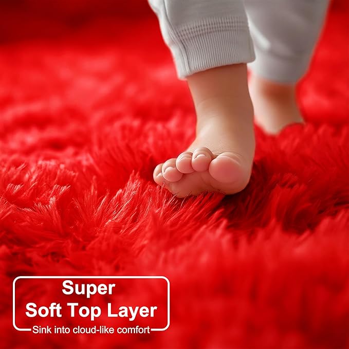 Red Round Circle Rug 6Ft for Bedroom, Large Fluffy Shag Area Rugs for Kids Room Decor Aesthetic, Fuzzy Plush Fur Carpets for Living Room Nursery Classroom, Red Carpet, Furry Indoor Rugs for Teen Boys