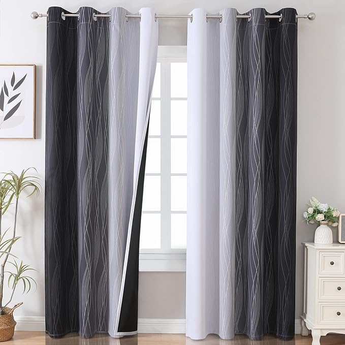 Estelar Textiler Black and Greyish White Blackout Curtains 108 Inches Long, Thermal Insulated Drapes for Bedroom, Full Light Blocking Energy Saving Long Curtains for Living Room, 52Wx108L, 2 Panels