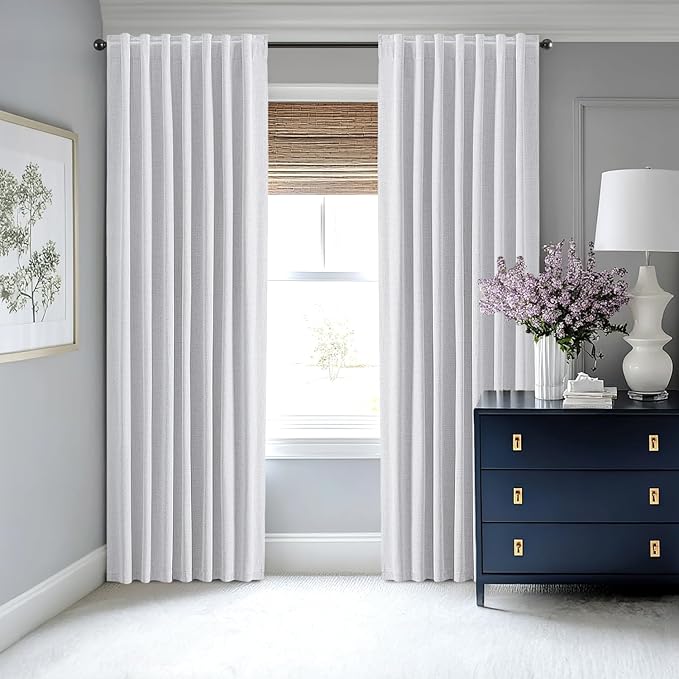 MIULEE 100% Blackout Linen Curtains for Bedroom, Grayish White Solid Luxury Decor Thermal Insulation Room Darkening Drapes for Living Room Nursery Back Tab Rod Pocket 42 x 84 Inches, 2 Panels