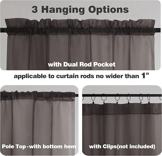 Chyhomenyc Chocolate Brown Sheer Valances for Windows - Light Filtering Small Kitchen Curtains, Rod Pocket Short Top Window Treatment Decor for Living Room Bathroom Basement, 42Wx16L inches, 2 Panels