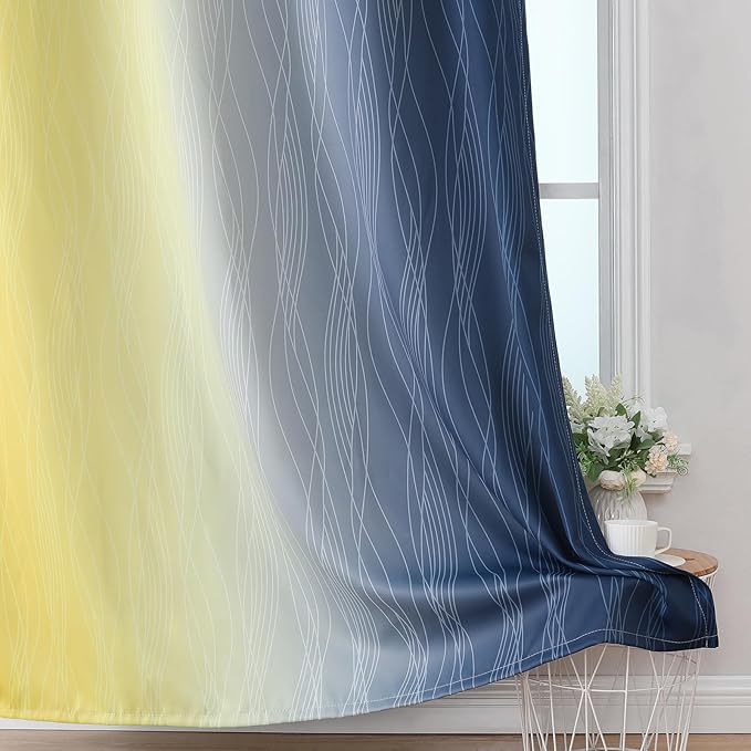 Estelar Textiler Navy Blue and Yellow Ombre Blackout Curtains for Living Room, Full Room Darkening Grommet Curtains for Bedroom, Thermal Insulated Light Blocking Gradient Drapes, 42Wx72L, 2 Panels